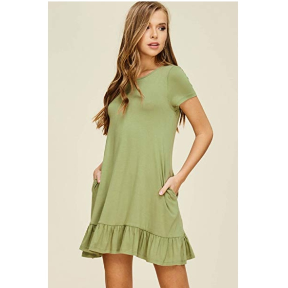 Casual Olive Green Ruffle-Hem Mini Dress with Pockets